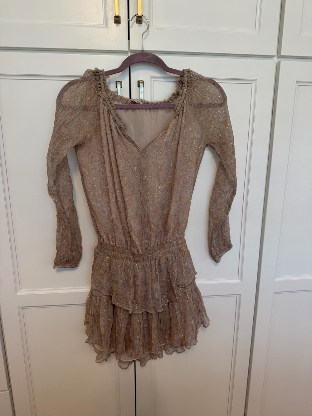 LoveShackFancy Taupe Tiered Ruffle Mini Dress